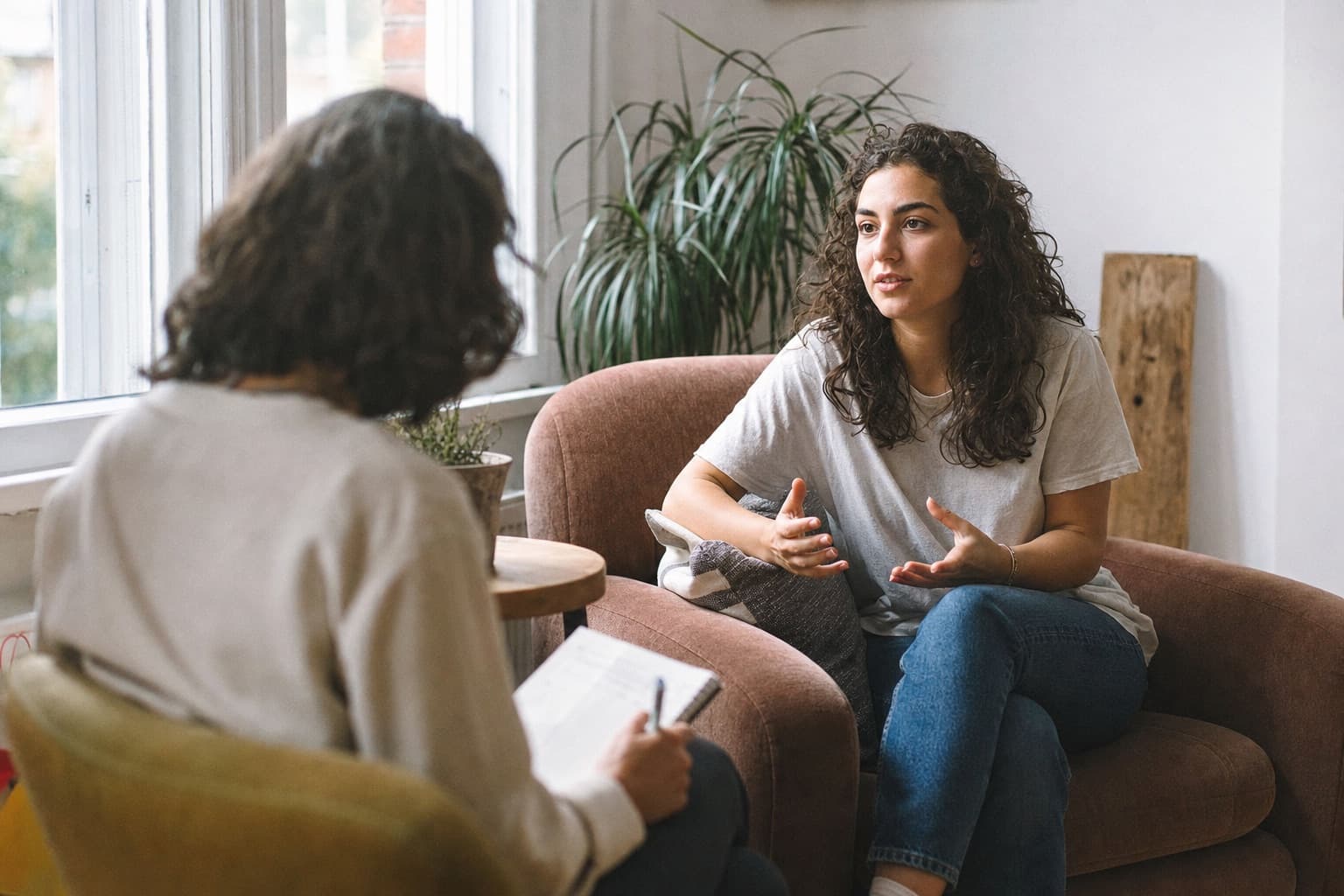 A client and therapist in a calm, naturally lit office during a one-on-one session